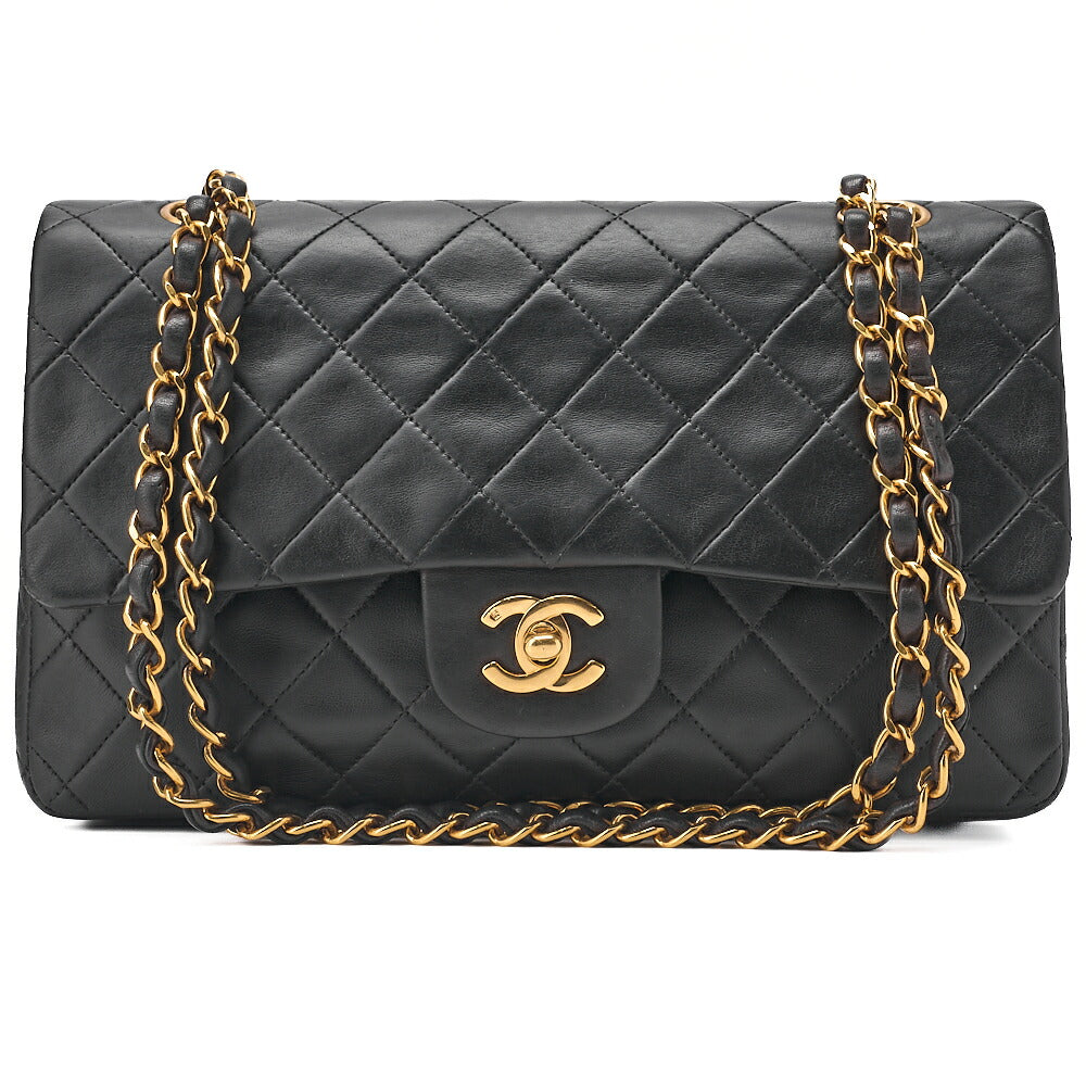 CHANEL Lambskin Matelasse 25cm Double Flap Chain Shoulder Black Gold-Tone Hardware, Pre-Owned
