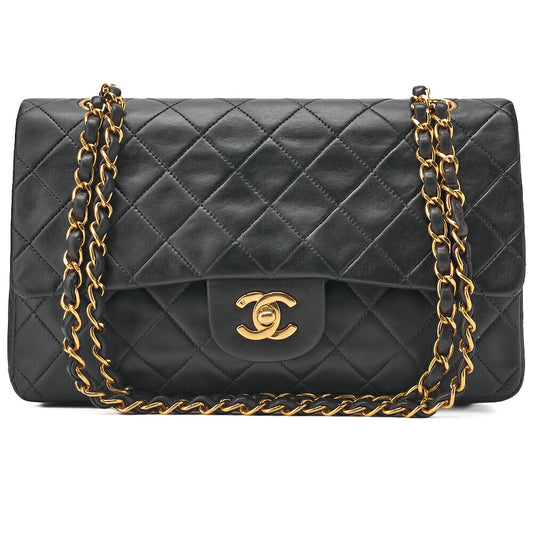 CHANEL Lambskin Matelasse 25cm Double Flap Chain Shoulder Black Gold-Tone Hardware, Pre-Owned