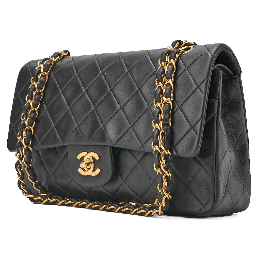 CHANEL Lambskin Matelasse 25cm Double Flap Chain Shoulder Black Gold-Tone Hardware, Pre-Owned
