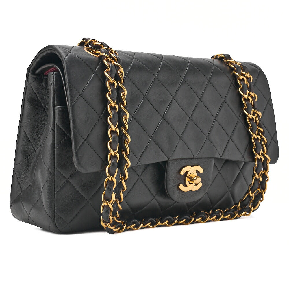 CHANEL Lambskin Matelasse 25cm Double Flap Chain Shoulder Black Gold-Tone Hardware, Pre-Owned