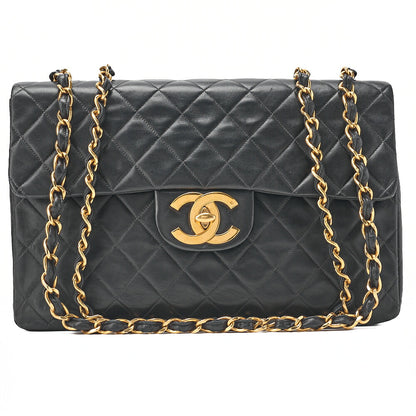 CHANEL Chain Shoulder Bag Deka Matelasse 34cm Single Flap Lambskin Black Gold-Tone Hardware, Pre-Owned