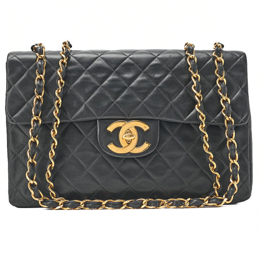 CHANEL Chain Shoulder Bag Deka Matelasse 34cm Single Flap Lambskin Black Gold-Tone Hardware, Pre-Owned