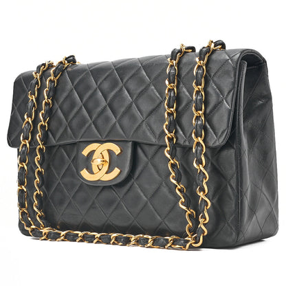CHANEL Chain Shoulder Bag Deka Matelasse 34cm Single Flap Lambskin Black Gold-Tone Hardware, Pre-Owned