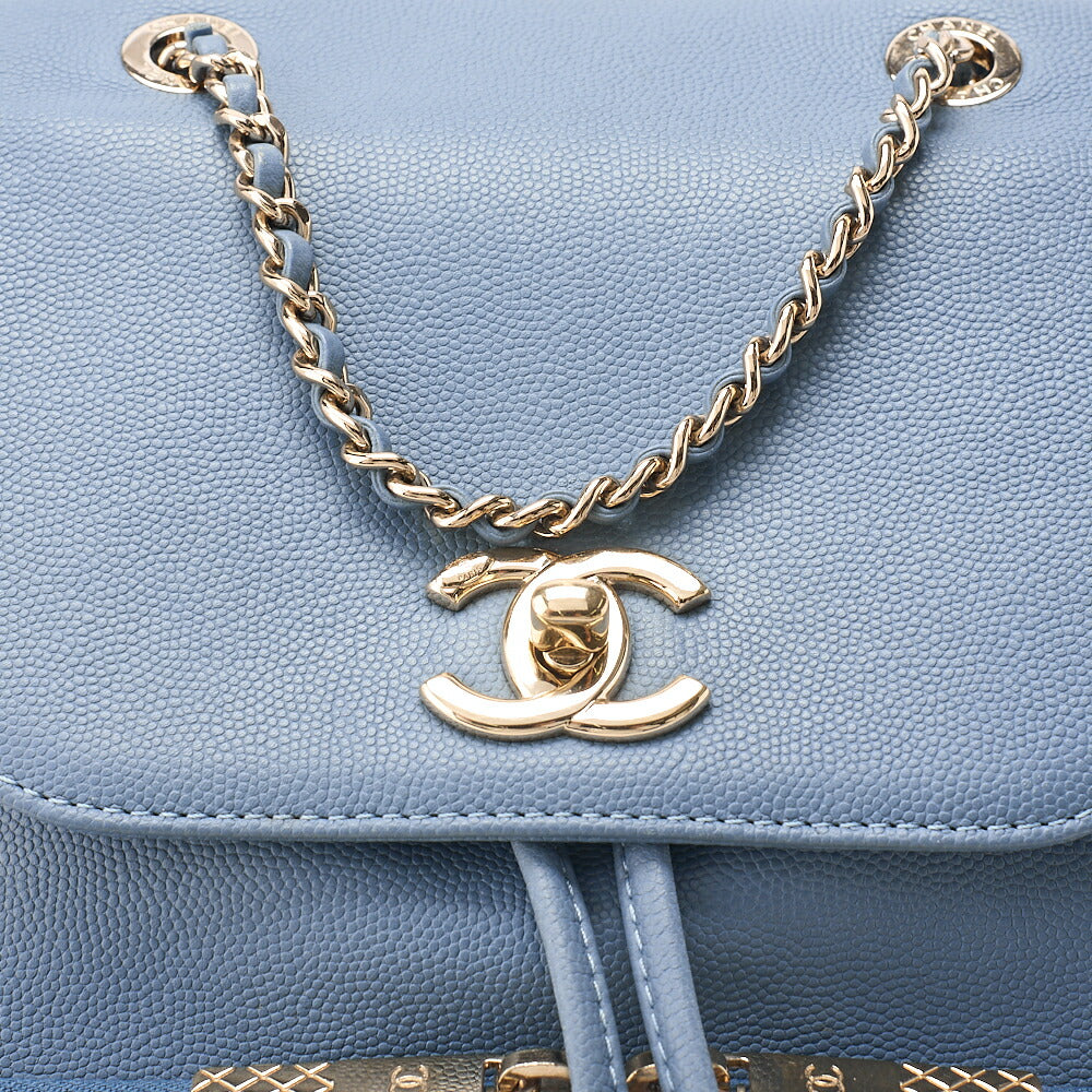 CHANEL Caviar Skin Turn Lock Chain Backpack Blue Gold-Tone Hardware, Pre-Owned