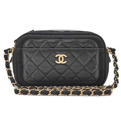 CHANEL Lambskin X Cotton Matelasse Coco Mark Double Chain Shoulder Black Gold-Tone Hardware, Pre-Owned