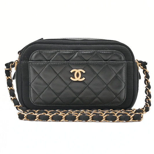 CHANEL Lambskin X Cotton Matelasse Coco Mark Double Chain Shoulder Black Gold-Tone Hardware, Pre-Owned