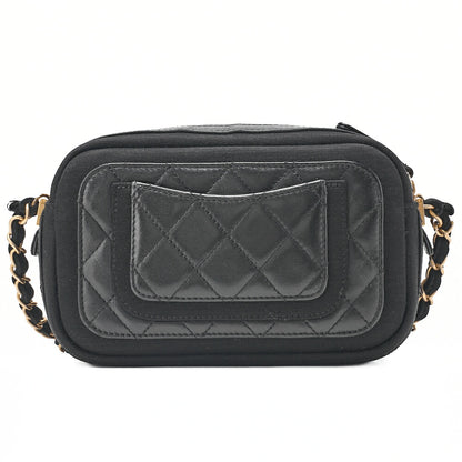 CHANEL Lambskin X Cotton Matelasse Coco Mark Double Chain Shoulder Black Gold-Tone Hardware, Pre-Owned