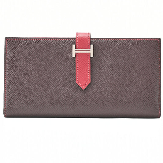 HERMES Bearn Souffle Epson Bi-Fold Long Wallet Havana X Rouge Silver-Tone Hardware, Pre-Owned