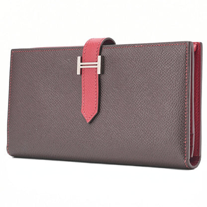 HERMES Bearn Souffle Epson Bi-Fold Long Wallet Havana X Rouge Silver-Tone Hardware, Pre-Owned