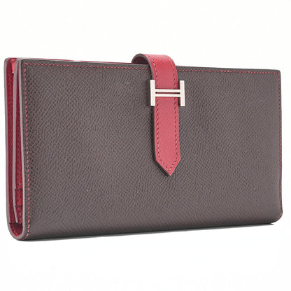 HERMES Bearn Souffle Epson Bi-Fold Long Wallet Havana X Rouge Silver-Tone Hardware, Pre-Owned