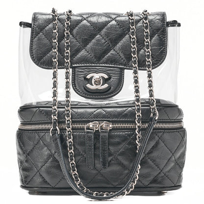 CHANEL Vintage Calf X Vinyl Matelasse Turn Lock Backpack-Type Chain Shoulder Black Silver-Tone Hardware, Pre-Owned