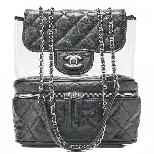 CHANEL Vintage Calf X Vinyl Matelasse Turn Lock Backpack-Type Chain Shoulder Black Silver-Tone Hardware, Pre-Owned