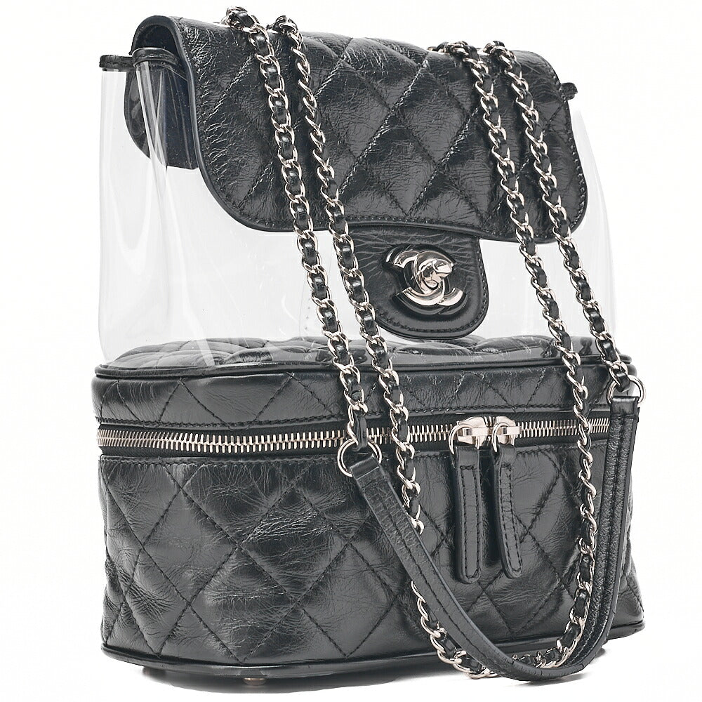 CHANEL Vintage Calf X Vinyl Matelasse Turn Lock Backpack-Type Chain Shoulder Black Silver-Tone Hardware, Pre-Owned