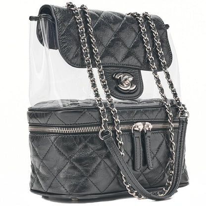 CHANEL Vintage Calf X Vinyl Matelasse Turn Lock Backpack-Type Chain Shoulder Black Silver-Tone Hardware, Pre-Owned