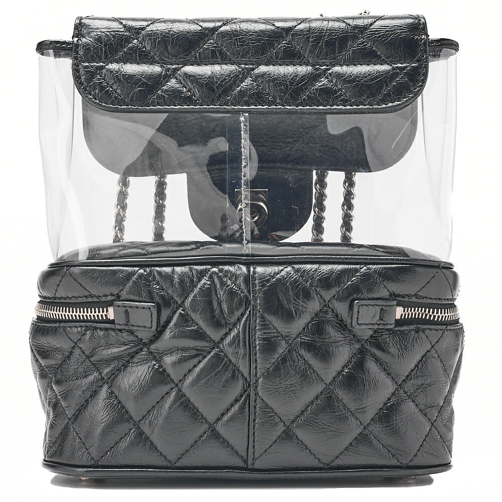 CHANEL Vintage Calf X Vinyl Matelasse Turn Lock Backpack-Type Chain Shoulder Black Silver-Tone Hardware, Pre-Owned