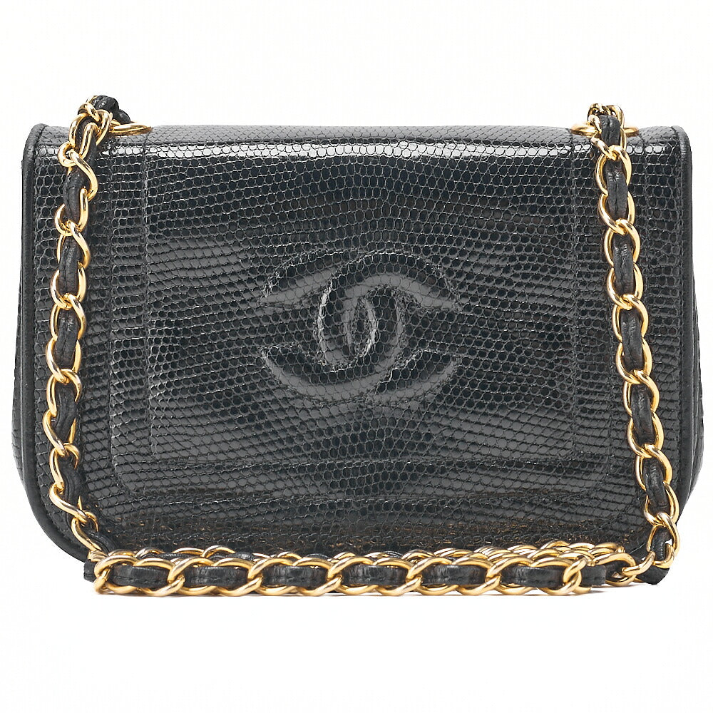 CHANEL Lizard Coco Mark Full Flap Chain Shoulder Black Gold-Tone Hardware, Pre-Owned
