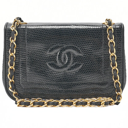 CHANEL Lizard Coco Mark Full Flap Chain Shoulder Black Gold-Tone Hardware, Pre-Owned