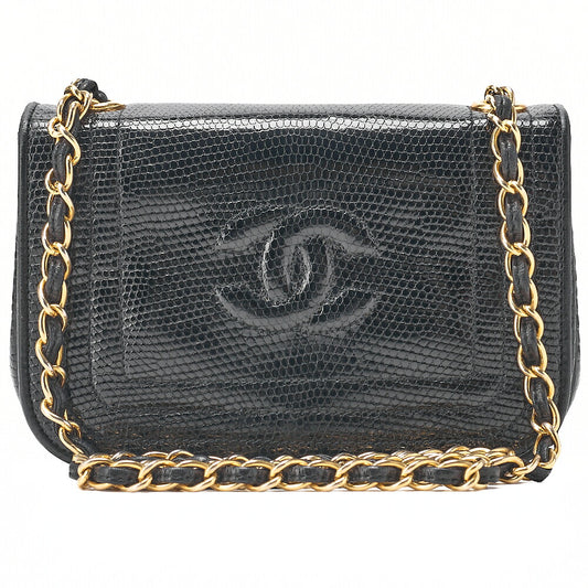 CHANEL Lizard Coco Mark Full Flap Chain Shoulder Black Gold-Tone Hardware, Pre-Owned