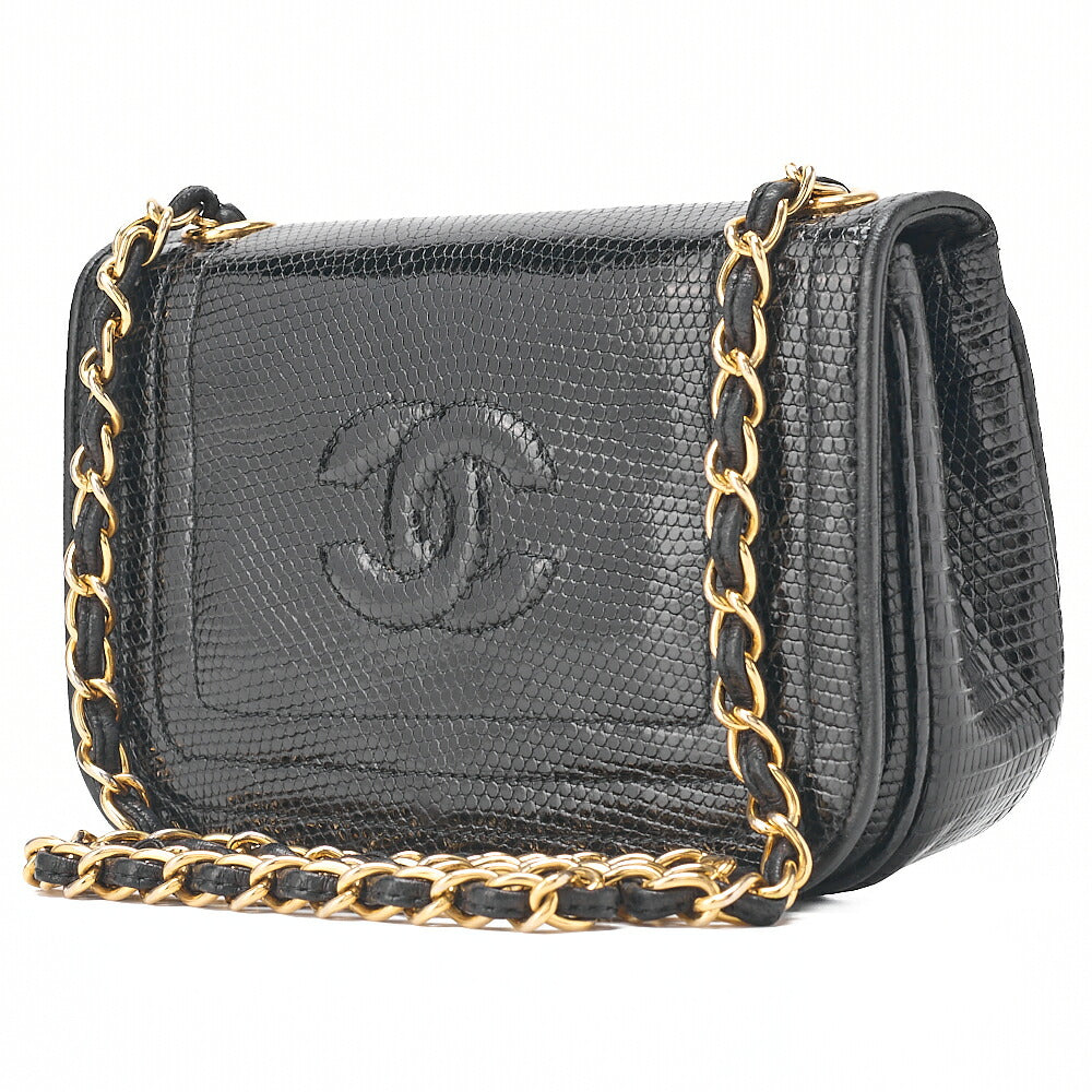 CHANEL Lizard Coco Mark Full Flap Chain Shoulder Black Gold-Tone Hardware, Pre-Owned