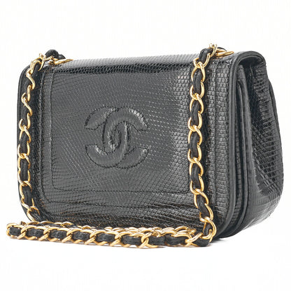CHANEL Lizard Coco Mark Full Flap Chain Shoulder Black Gold-Tone Hardware, Pre-Owned