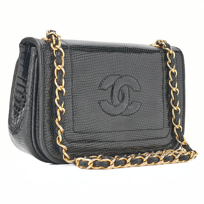 CHANEL Lizard Coco Mark Full Flap Chain Shoulder Black Gold-Tone Hardware, Pre-Owned