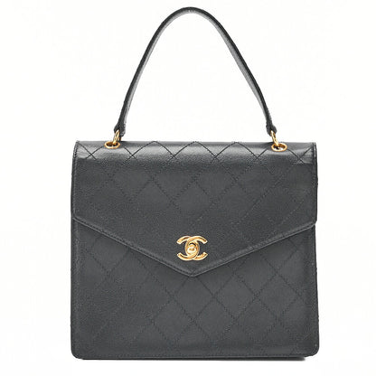 CHANEL Caviar Skin Matelasse Turn Lock V-Flap Handbag Black Gold-Tone Hardware, Pre-Owned