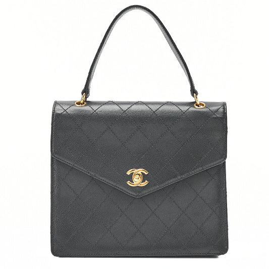 CHANEL Caviar Skin Matelasse Turn Lock V-Flap Handbag Black Gold-Tone Hardware, Pre-Owned