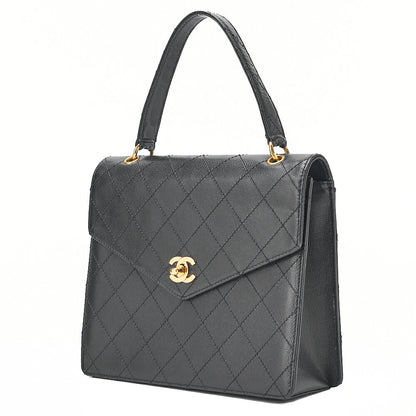 CHANEL Caviar Skin Matelasse Turn Lock V-Flap Handbag Black Gold-Tone Hardware, Pre-Owned