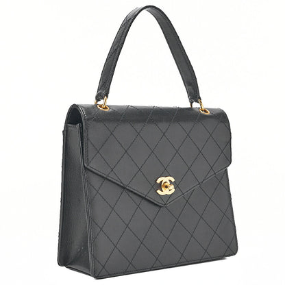 CHANEL Caviar Skin Matelasse Turn Lock V-Flap Handbag Black Gold-Tone Hardware, Pre-Owned
