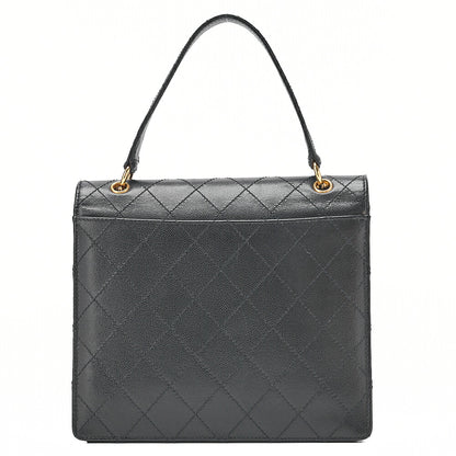 CHANEL Caviar Skin Matelasse Turn Lock V-Flap Handbag Black Gold-Tone Hardware, Pre-Owned