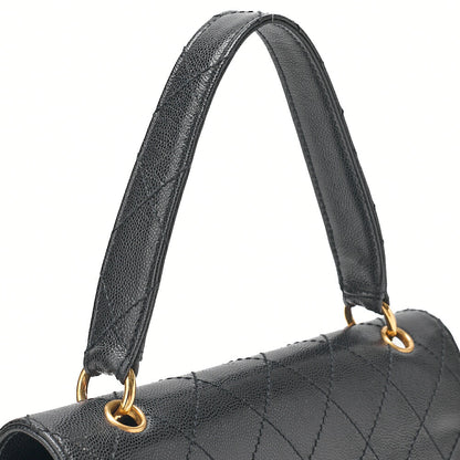 CHANEL Caviar Skin Matelasse Turn Lock V-Flap Handbag Black Gold-Tone Hardware, Pre-Owned