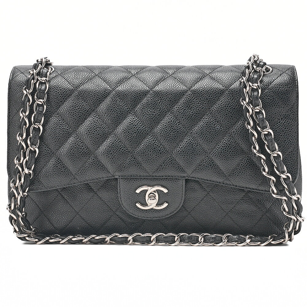 CHANEL Caviar Skin Deka Matelasse 30cm Double Flap Chain Shoulder Bag Black Silver-Tone Hardware, Pre-Owned