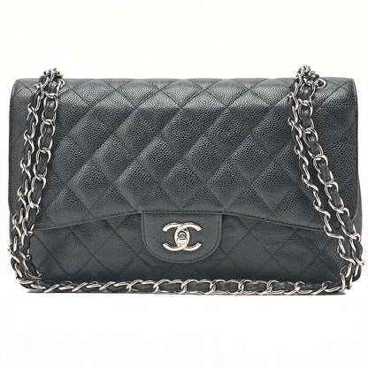 CHANEL Caviar Skin Deka Matelasse 30cm Double Flap Chain Shoulder Bag Black Silver-Tone Hardware, Pre-Owned