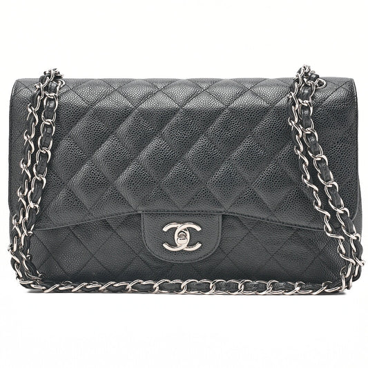 CHANEL Caviar Skin Deka Matelasse 30cm Double Flap Chain Shoulder Bag Black Silver-Tone Hardware, Pre-Owned