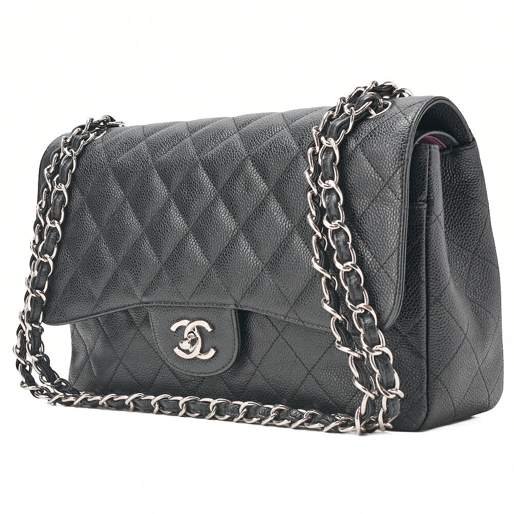 CHANEL Caviar Skin Deka Matelasse 30cm Double Flap Chain Shoulder Bag Black Silver-Tone Hardware, Pre-Owned