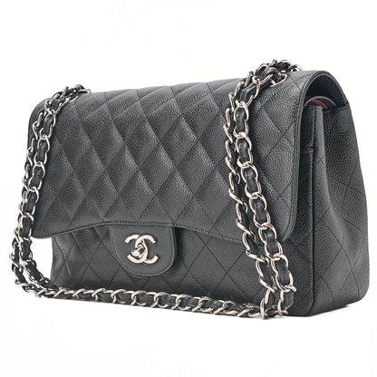 CHANEL Caviar Skin Deka Matelasse 30cm Double Flap Chain Shoulder Bag Black Silver-Tone Hardware, Pre-Owned