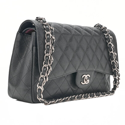 CHANEL Caviar Skin Deka Matelasse 30cm Double Flap Chain Shoulder Bag Black Silver-Tone Hardware, Pre-Owned