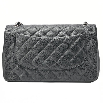 CHANEL Caviar Skin Deka Matelasse 30cm Double Flap Chain Shoulder Bag Black Silver-Tone Hardware, Pre-Owned