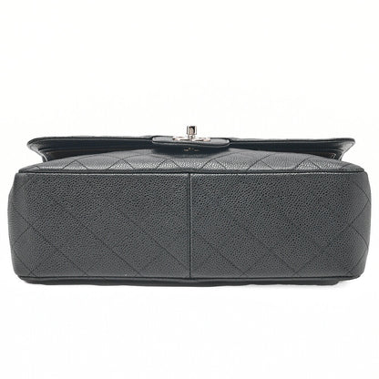 CHANEL Caviar Skin Deka Matelasse 30cm Double Flap Chain Shoulder Bag Black Silver-Tone Hardware, Pre-Owned