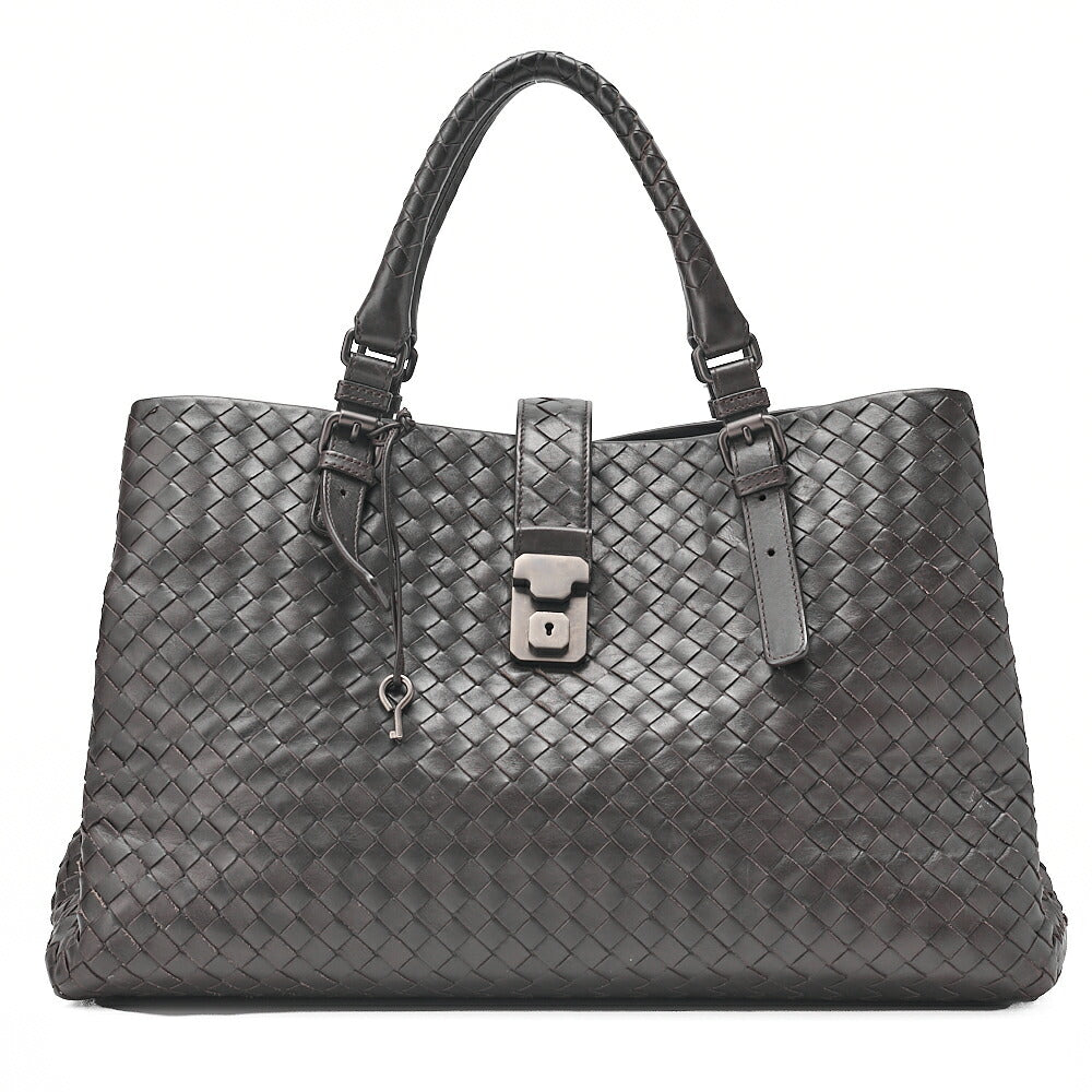 BOTTEGA VENETA Bottega Lambskin Intrechart Tote Bag Brown Dark Gray-Tone Hardware, Pre-Owned