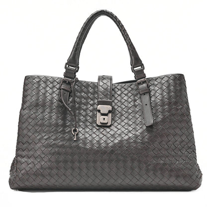 BOTTEGA VENETA Bottega Lambskin Intrechart Tote Bag Brown Dark Gray-Tone Hardware, Pre-Owned