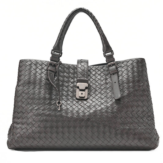 BOTTEGA VENETA Bottega Lambskin Intrechart Tote Bag Brown Dark Gray-Tone Hardware, Pre-Owned