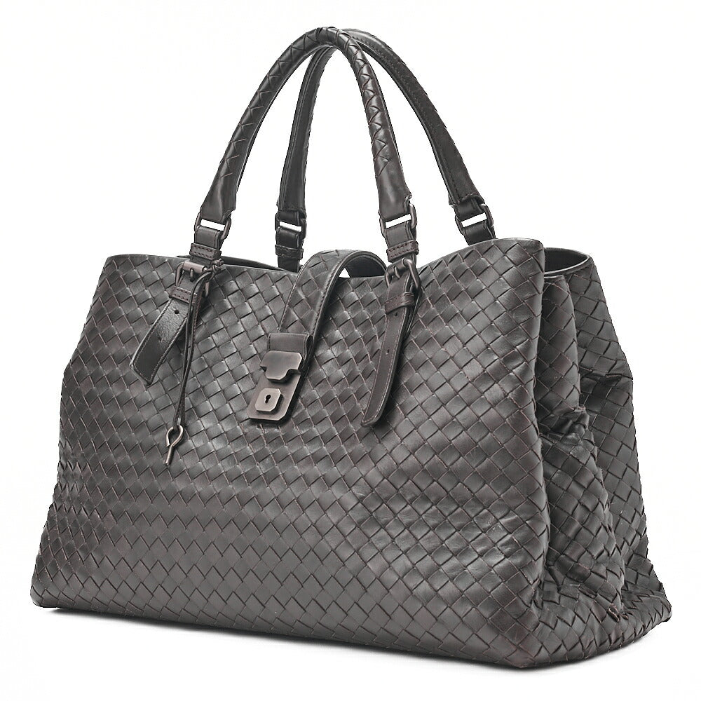 BOTTEGA VENETA Bottega Lambskin Intrechart Tote Bag Brown Dark Gray-Tone Hardware, Pre-Owned