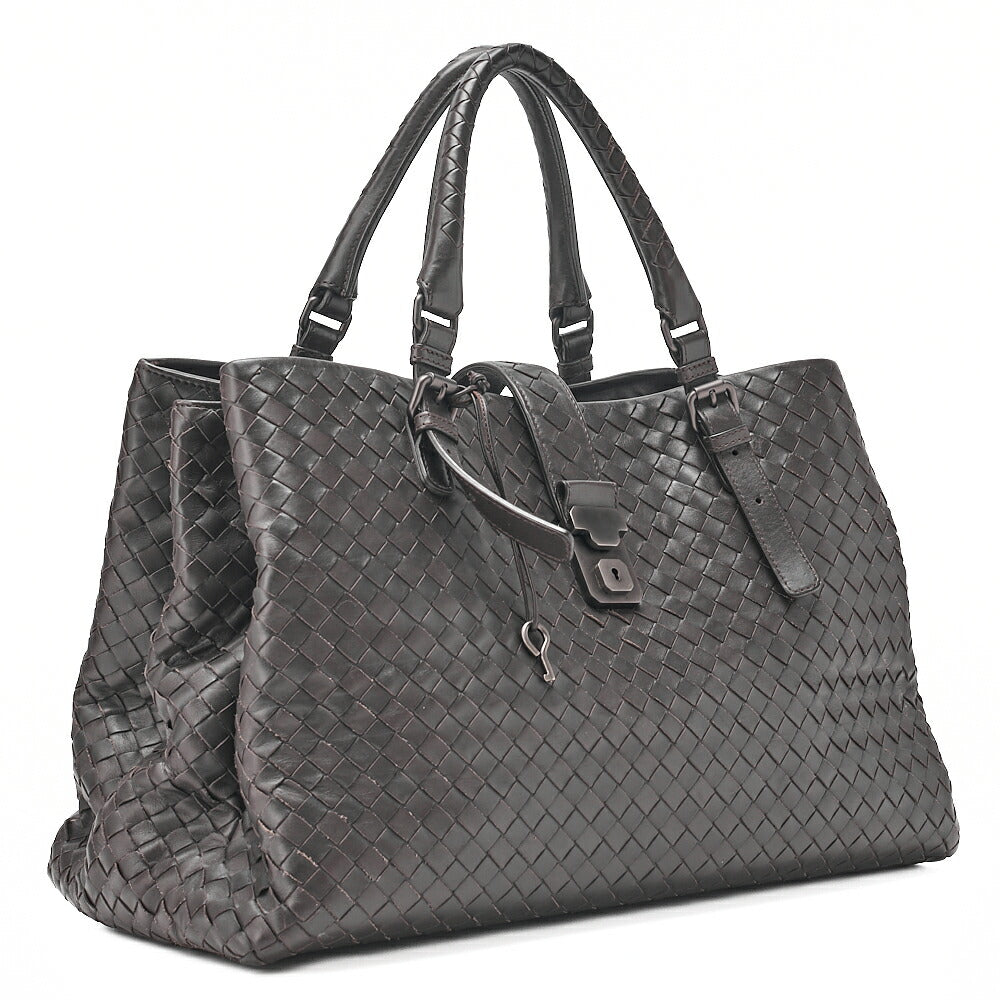 BOTTEGA VENETA Bottega Lambskin Intrechart Tote Bag Brown Dark Gray-Tone Hardware, Pre-Owned