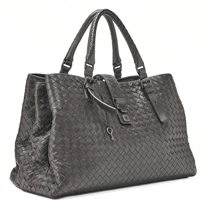 BOTTEGA VENETA Bottega Lambskin Intrechart Tote Bag Brown Dark Gray-Tone Hardware, Pre-Owned
