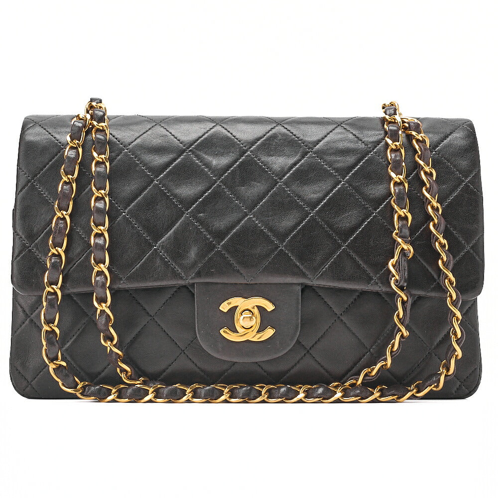 CHANEL Lambskin Matelasse 25cm Double Flap Chain Shoulder Black Gold -Tone Hardware, Pre-Owned