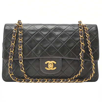 CHANEL Lambskin Matelasse 25cm Double Flap Chain Shoulder Black Gold -Tone Hardware, Pre-Owned