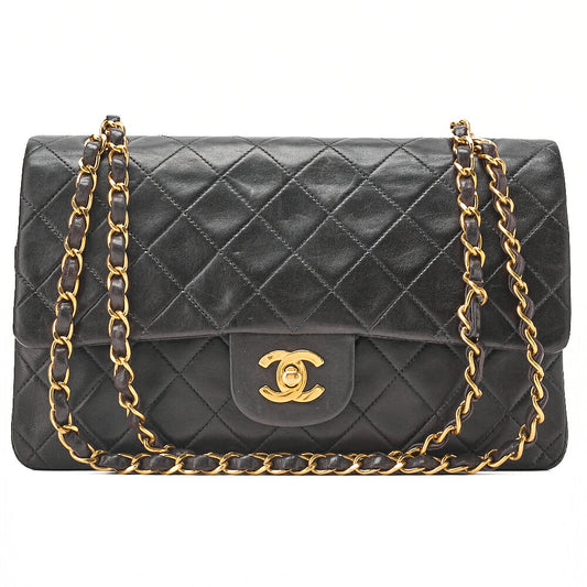 CHANEL Lambskin Matelasse 25cm Double Flap Chain Shoulder Black Gold -Tone Hardware, Pre-Owned