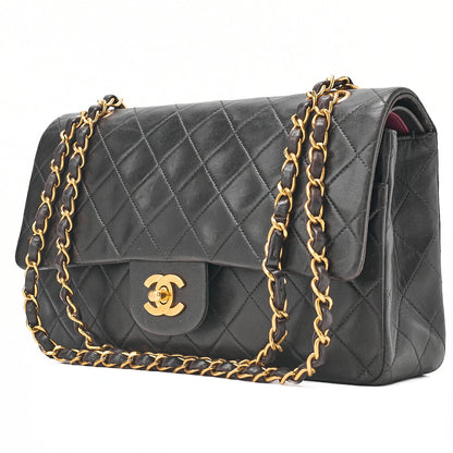 CHANEL Lambskin Matelasse 25cm Double Flap Chain Shoulder Black Gold -Tone Hardware, Pre-Owned