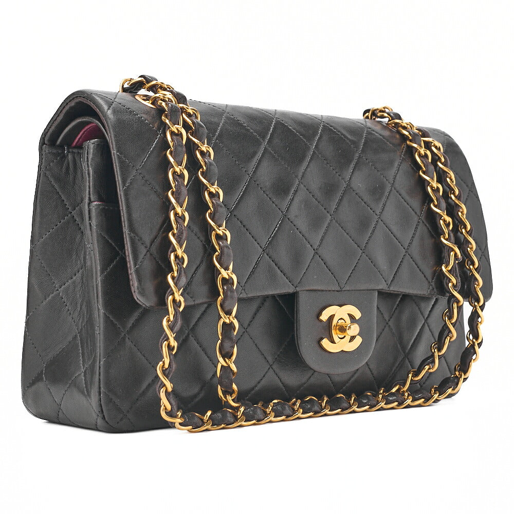 CHANEL Lambskin Matelasse 25cm Double Flap Chain Shoulder Black Gold -Tone Hardware, Pre-Owned